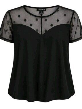 Torrid Women’s Size 0 Black Sheer Polka Dot Mesh Short Sleeve Blouse Top.